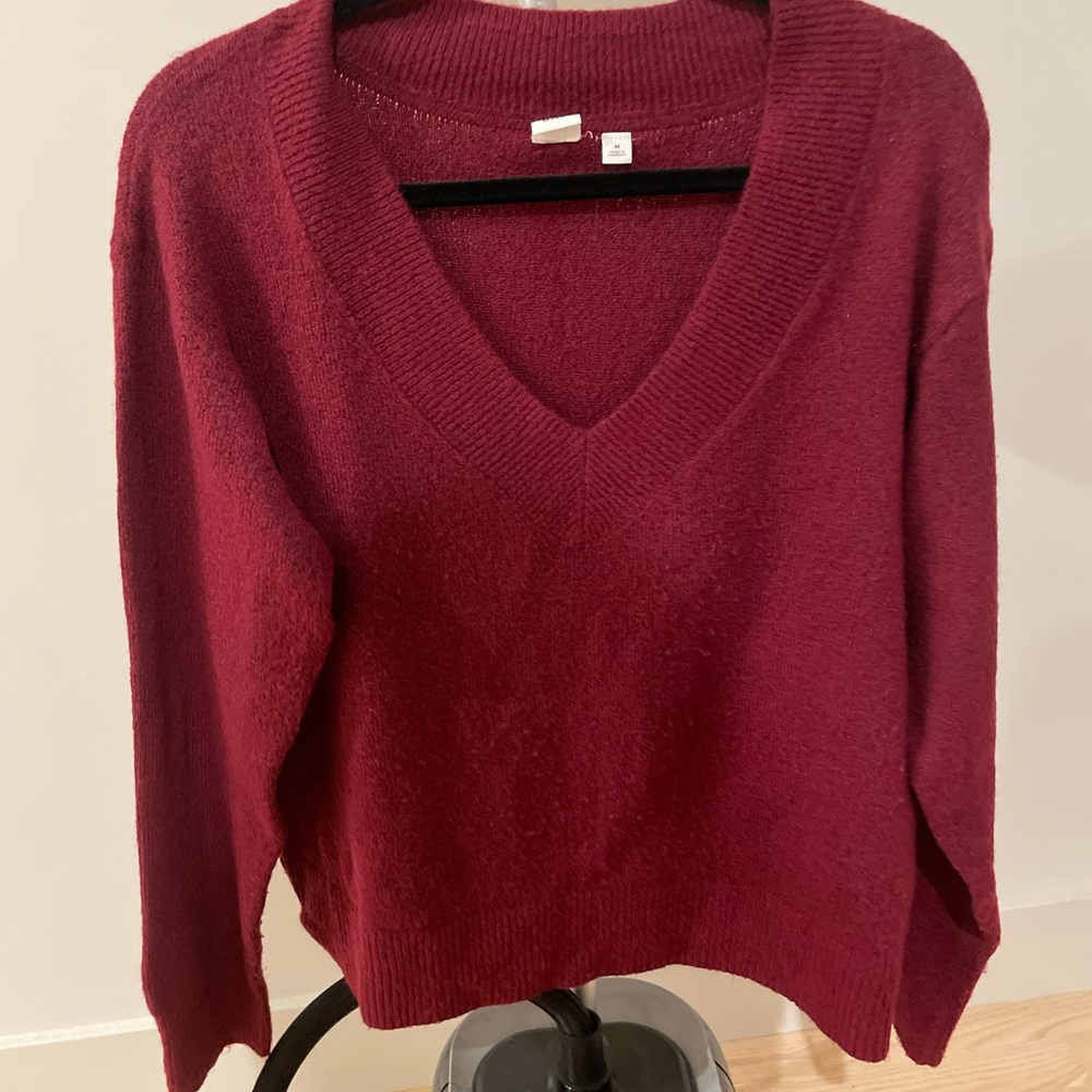Red V-Neck Sweater with Soft Texture and Relaxed Fit